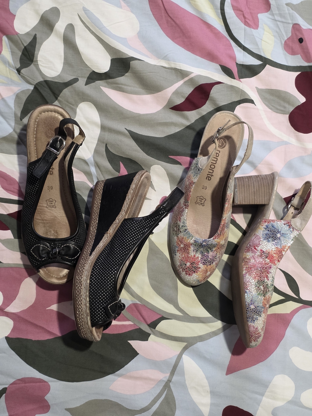2 Pairs Remonte Floral Slingback Heel in Multicolor, Blacknpeep Toe Wedge.